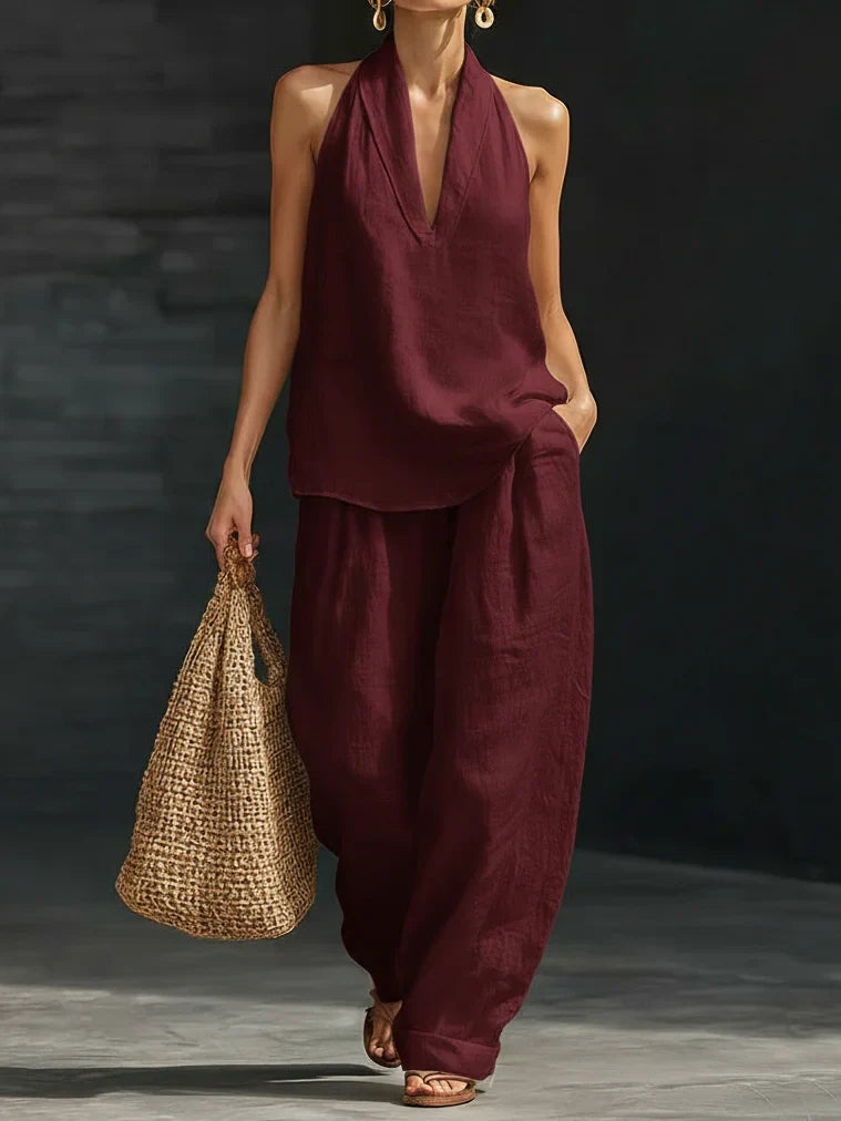 Casual And Cozy Minimalist Halter Top and Trouser Linen Two-piece Set