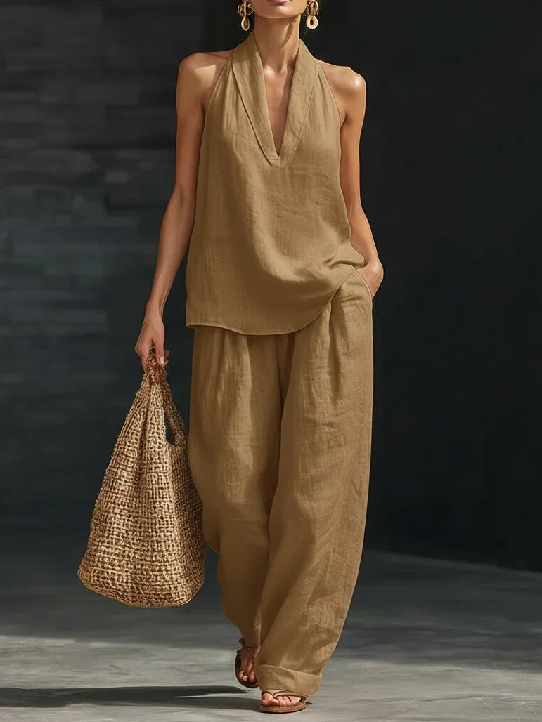 Casual And Cozy Minimalist Halter Top and Trouser Linen Two-piece Set