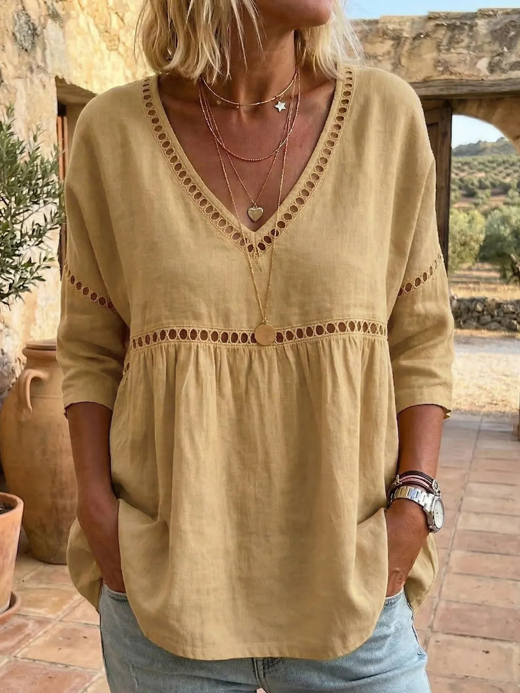 🌿Women's Cozy Hollow-out Patchwork V-neck Linen-cotton Blouse