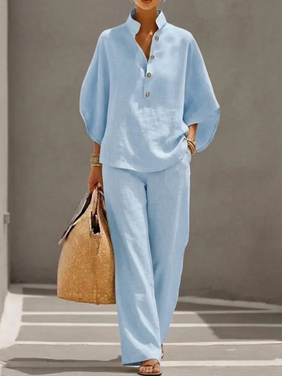 Casual Batwing Sleeve Linen And Cotton Shirt And Trousers Two-piece Set