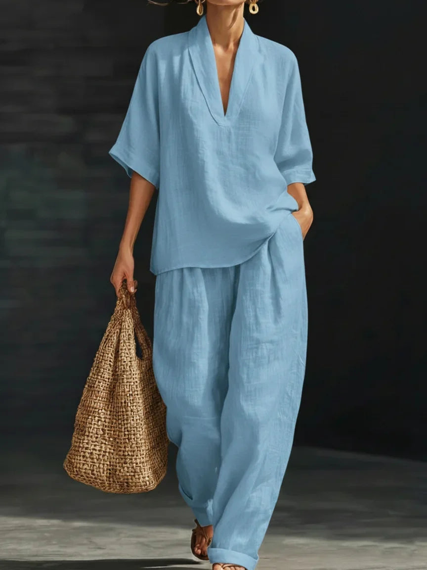 Casual And Cozy Minimalist V-neck Short-Sleeve Shirt and Trouser Linen Two-piece Set
