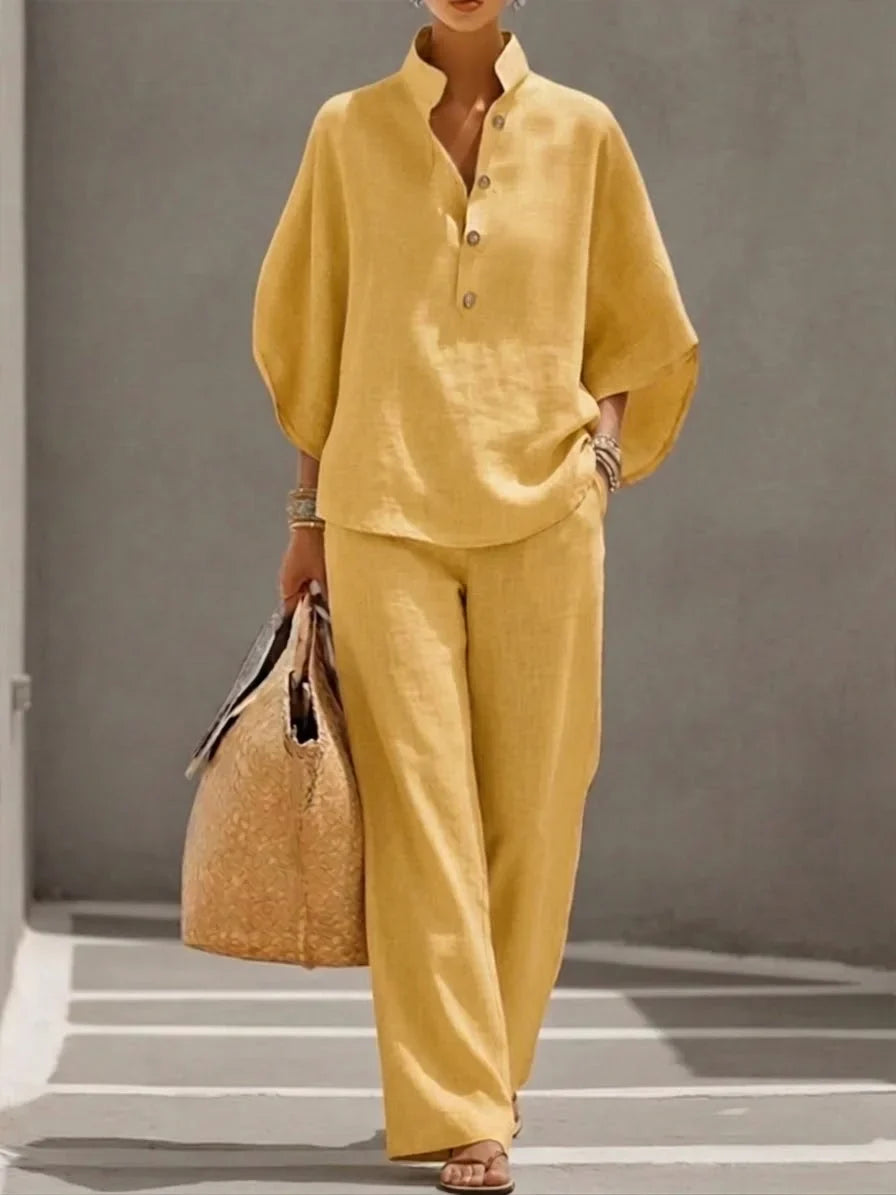 Casual Batwing Sleeve Linen And Cotton Shirt And Trousers Two-piece Set