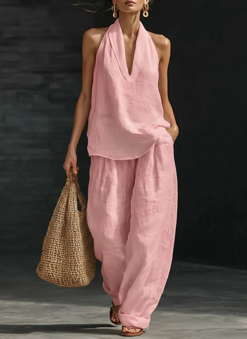 Casual And Cozy Minimalist Halter Top and Trouser Linen Two-piece Set