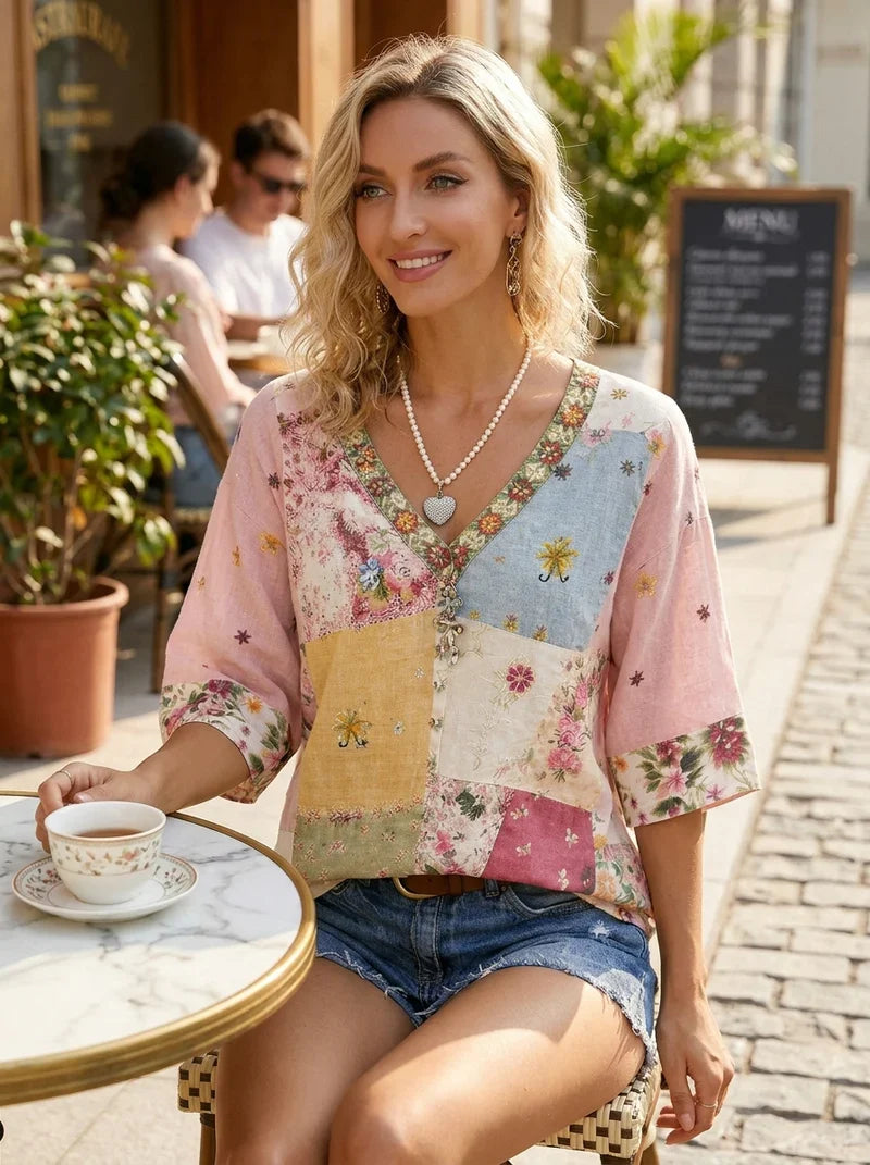 Retro Floral Embroidered V-Neck Short Sleeve Cotton Top