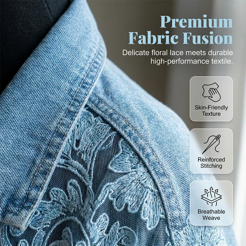 Women's Loose Floral Lace Patchwork Denim Jacket
