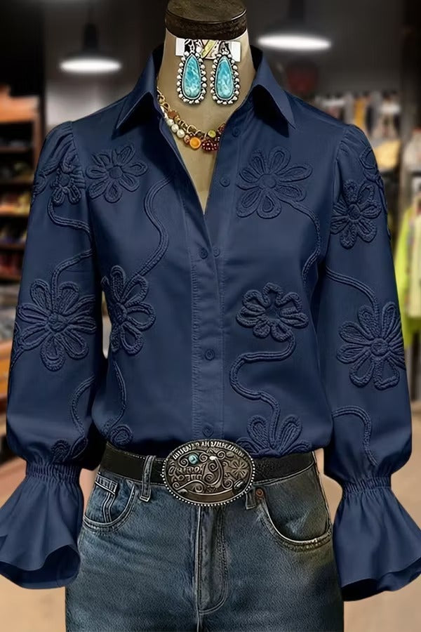 Elegant Textured Flower Bell Sleeve Button Up Blouse