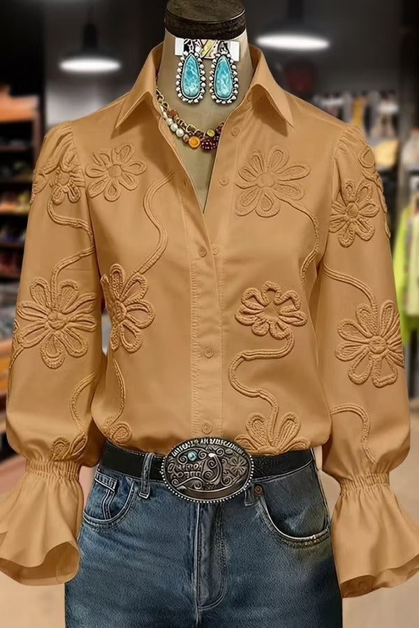 Elegant Textured Flower Bell Sleeve Button Up Blouse
